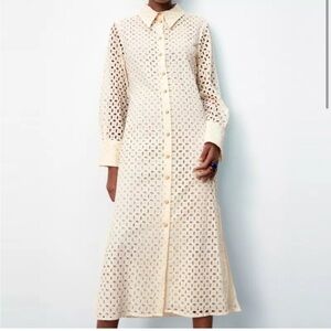 Zara Broderie Button Up Long dress Ivory Long Sleeves Lined
